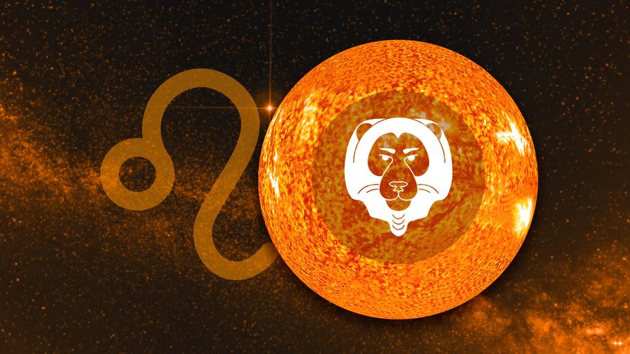 Sternzeichen Löwe vor seinem Herrscherplanet der Sonne und seinem Sternzeichen-Symbol vor einem galaktischen Hintergrund.
