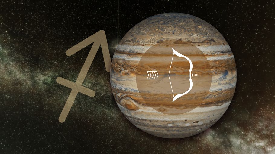 Sternzeichen Schütze vor seinem Herrscherplanet dem Jupiter und seinem Sternzeichen-Symbol vor einem galaktischen Hintergrund.