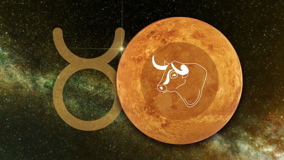 Sternzeichen Stier vor seinem Herrscherplanet der Venus und seinem Sternzeichen-Symbol vor einem galaktischen Hintergrund.