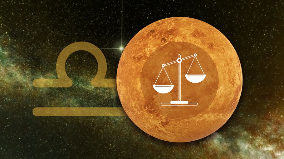 Sternzeichen Waage vor seinem Herrscherplanet der Venus und seinem Sternzeichen-Symbol vor einem galaktischen Hintergrund.