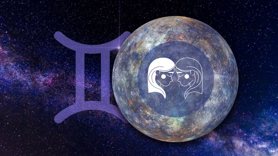 Sternzeichen Zwillinge vor seinem Herrscherplanet dem Merkur und seinem Sternzeichen-Symbol vor einem galaktischen Hintergrund.