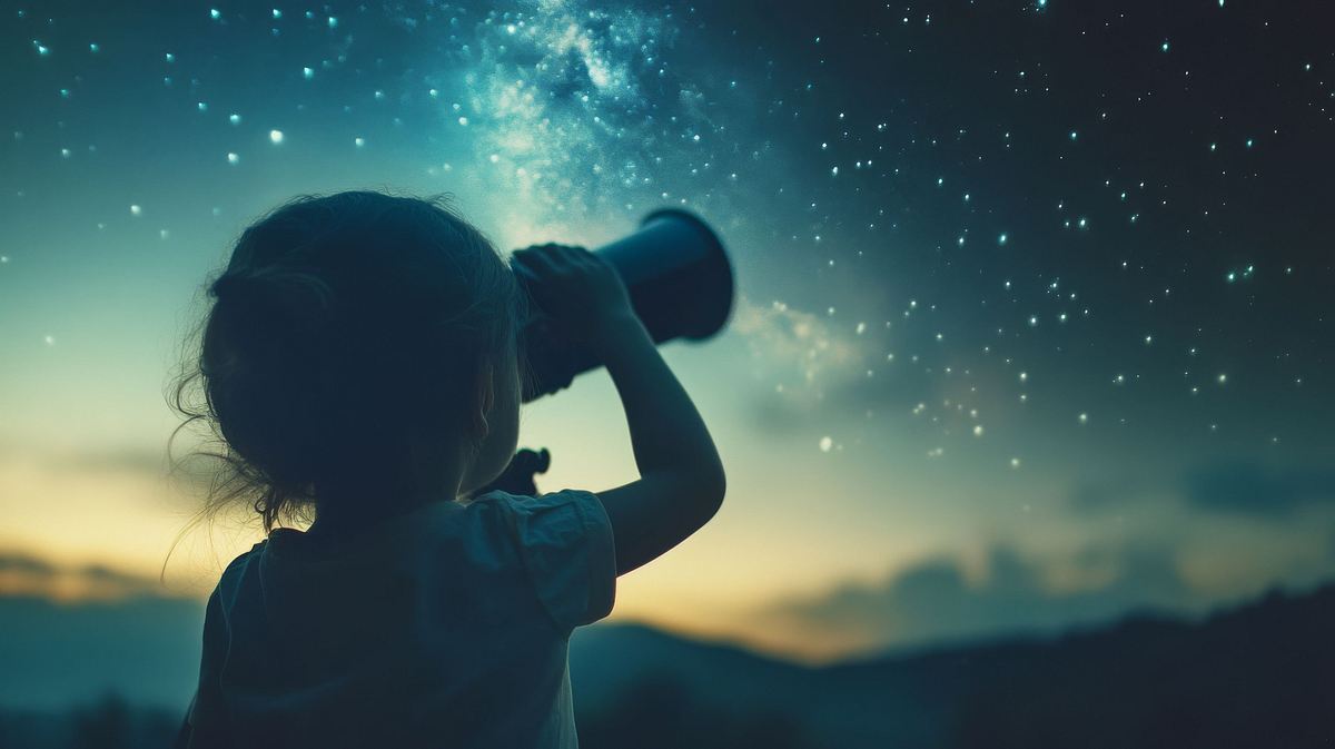 Mädchen guckt durch ein Fernglas in den Nachthimmel