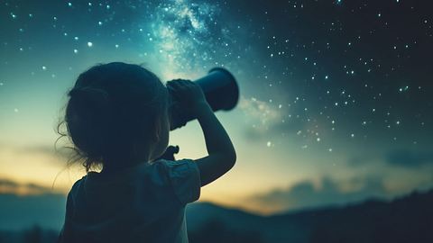 Mädchen guckt durch ein Fernglas in den Nachthimmel - Foto: VK Studio / AdobeStock