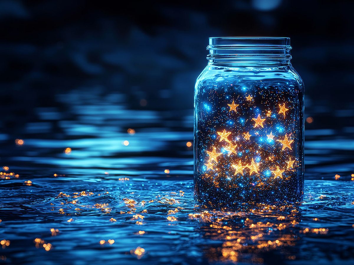 Marmeladenglas mit glitzernden Sternen steht auf nassem Untergrund