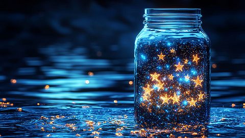 Marmeladenglas mit glitzernden Sternen steht auf nassem Untergrund - Foto: Sebastian / AdobeStock