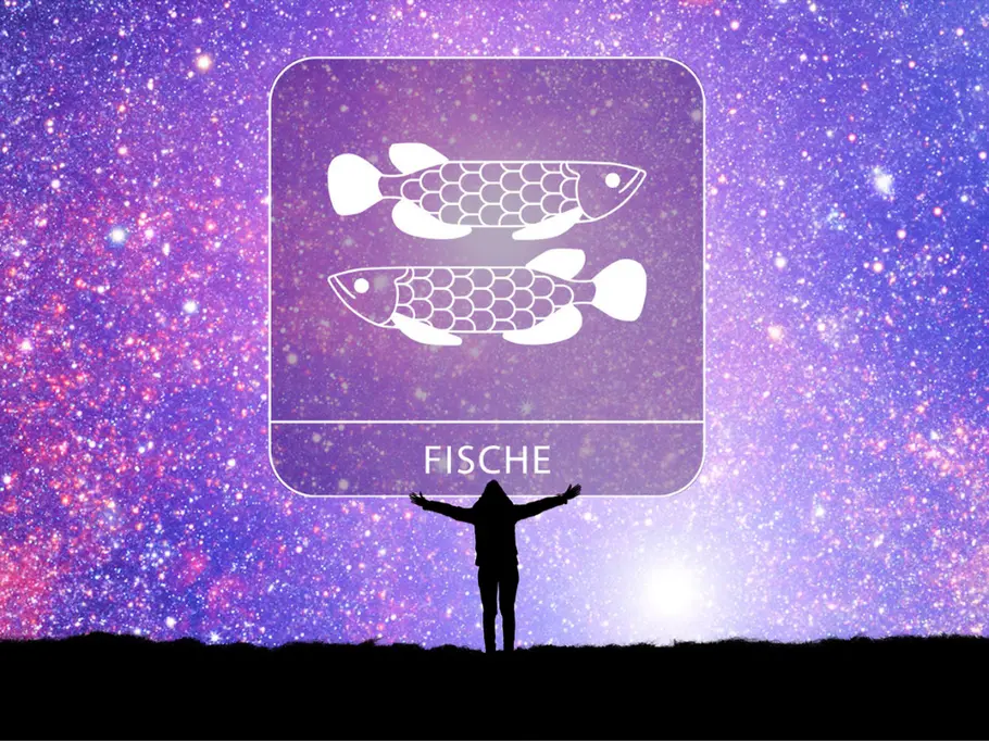 Sternzeichen Fische mit der Silhouette einer Person mit ausgestreckten Armen vor einem violetten Sternenhimmel