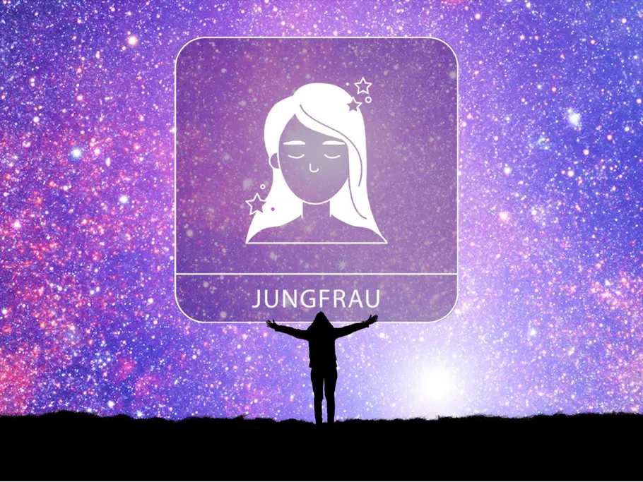 Sternzeichen Jungfrau mit der Silhouette einer Person mit ausgestreckten Armen vor einem violetten Sternenhimmel