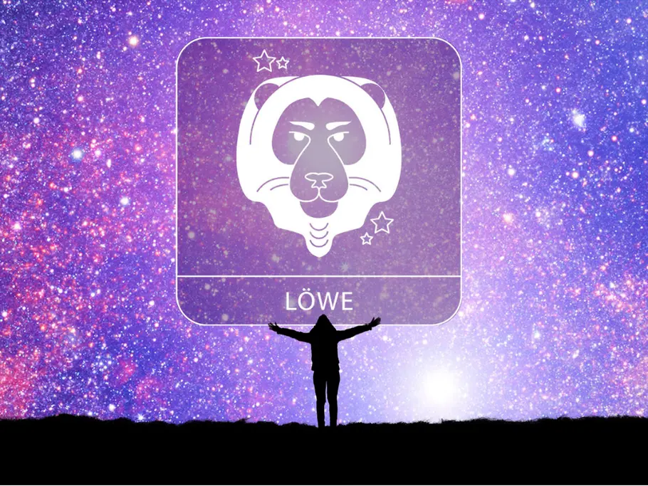 Sternzeichen Löwe mit der Silhouette einer Person mit ausgestreckten Armen vor einem violetten Sternenhimmel