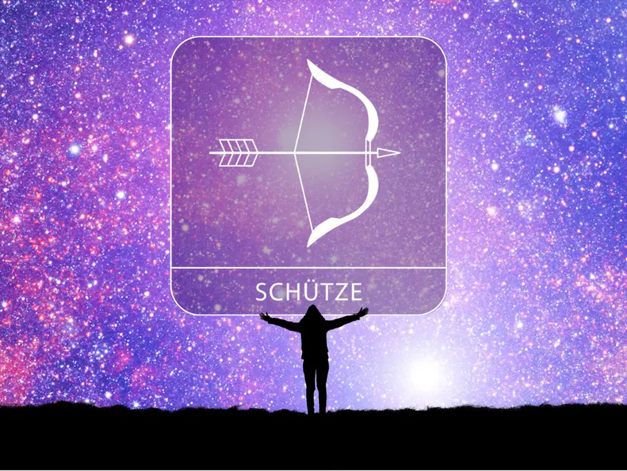 Sternzeichen Schütze mit der Silhouette einer Person mit ausgestreckten Armen vor einem violetten Sternenhimmel