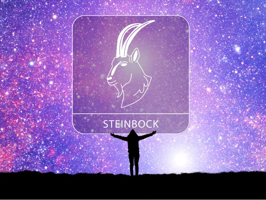Sternzeichen Steinbock mit der Silhouette einer Person mit ausgestreckten Armen vor einem violetten Sternenhimmel