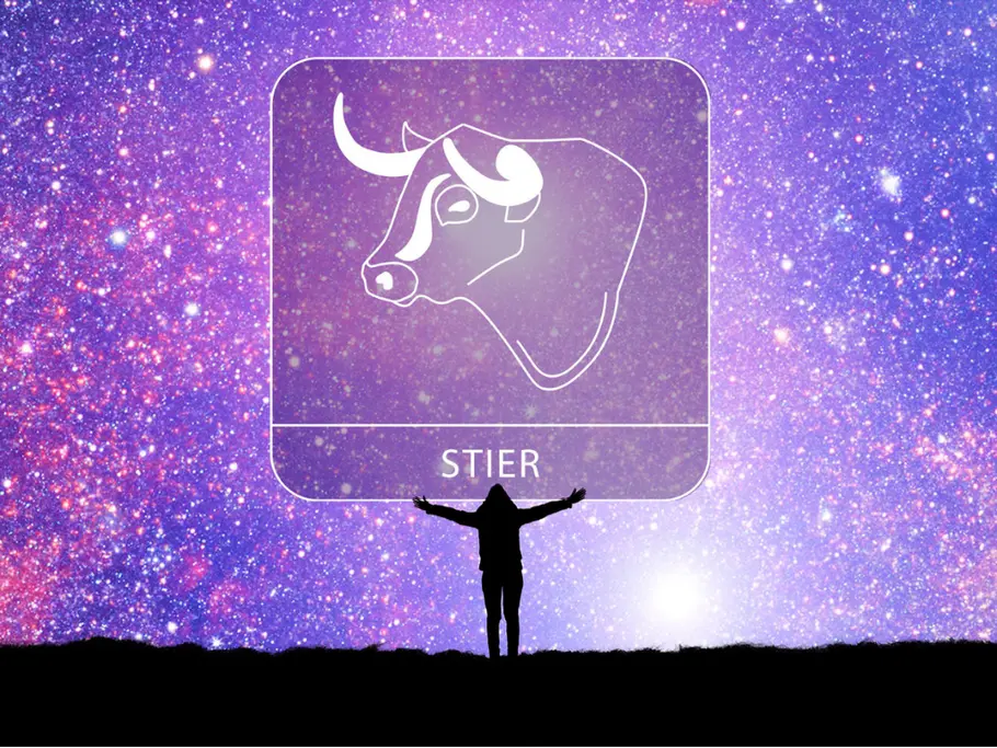 Sternzeichen Stier mit der Silhouette einer Person mit ausgestreckten Armen vor einem violetten Sternenhimmel