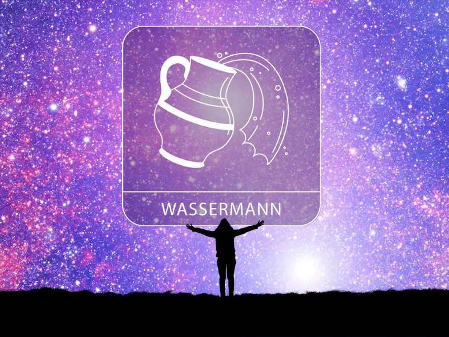 Sternzeichen Wassermann mit der Silhouette einer Person mit ausgestreckten Armen vor einem violetten Sternenhimmel