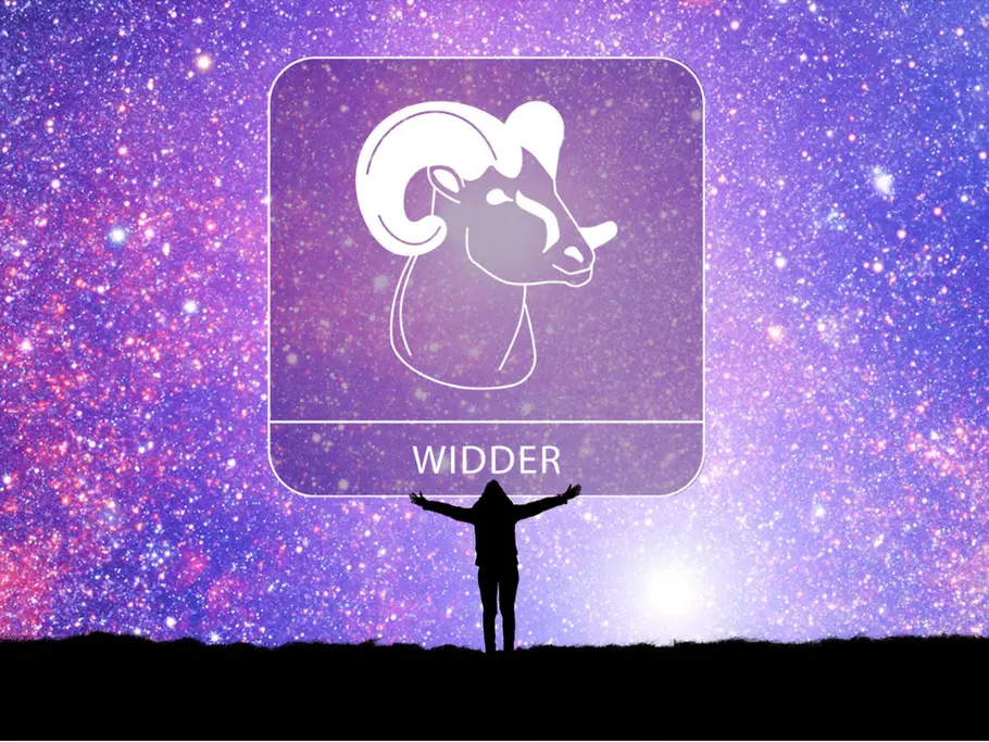 Sternzeichen Wider mit der Silhouette einer Person mit ausgestreckten Armen vor einem violetten Sternenhimmel