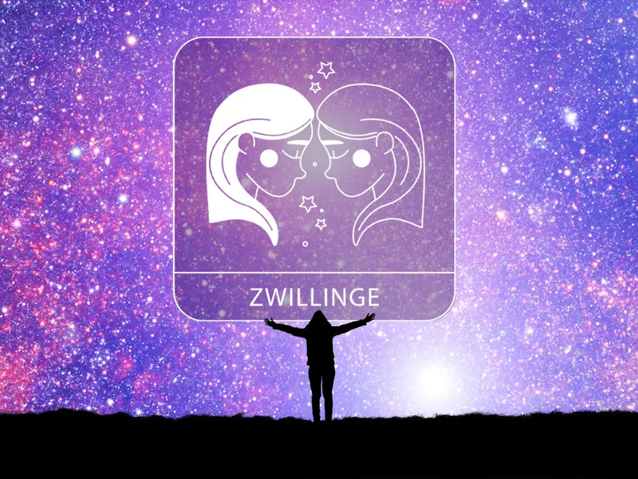 Sternzeichen Zwillinge mit der Silhouette einer Person mit ausgestreckten Armen vor einem violetten Sternenhimmel