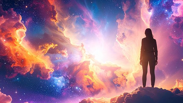 Frau steht auf einer Traumwolke in der Galaxie - Foto: AdobeFirefly (generiert mit KI)