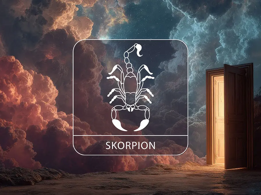 Sternzeichen Skorpion vor einem träumerischen Hintergrund mit einer leuchtenden Tür