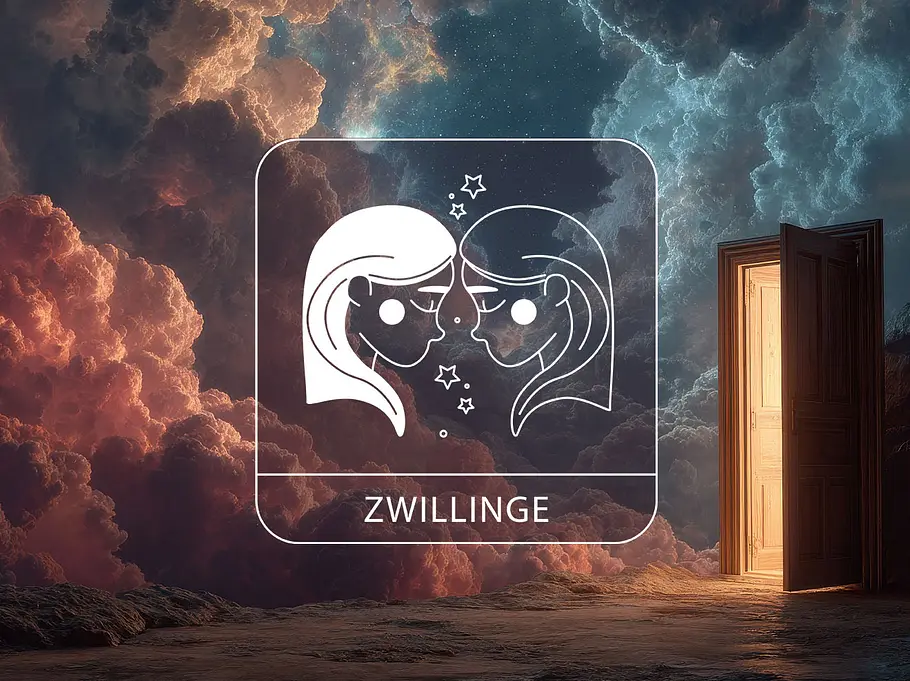 Sternzeichen Zwillinge vor einem träumerischen Hintergrund mit einer leuchtenden Tür