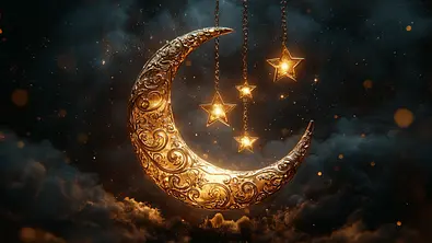 Leuchtende Ornamente in Form von Sternen und einem Neumond umgeben von dunklen Wolken - Foto: Vladyslav / Adobe Stock / Generiert mit KI