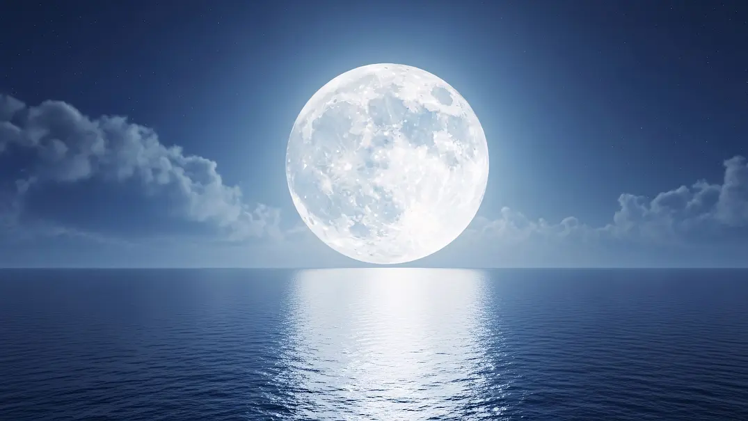 Ein leuchtender Vollmond über einer spiegelglatten Wasseroberfläche - Foto: ikhwan/AdobeStock (KI generiert) Ein leuchtender Vollmond über einer spiegelglatten Wasseroberfläche - Foto: ikhwan/AdobeStock (KI generiert)