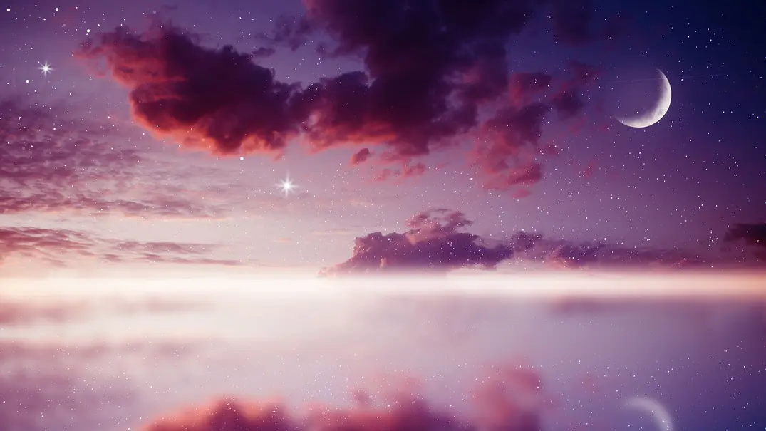 Lila Himmel mit roten Wolken und einer Mondsichel - Foto: Hanna Aibetova / AdobeStock Lila Himmel mit roten Wolken und einer Mondsichel - Foto: Hanna Aibetova / AdobeStock