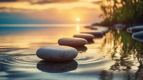 Steine bilden einen Weg übers Wasser ins Licht - Foto: Your Hand Please / AdobeStock