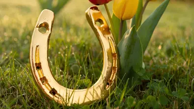 Ein goldenes Glückshufeisen auf einer grünen Wiese neben Tulpen - Foto: AdobeFirefly (generiert mit KI)
