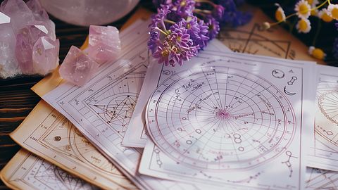 Astrologische Skizzen liegen auf einem Tisch umringt von Blumen und Edelsteinen - Foto: shintartanya/ AdobeStock