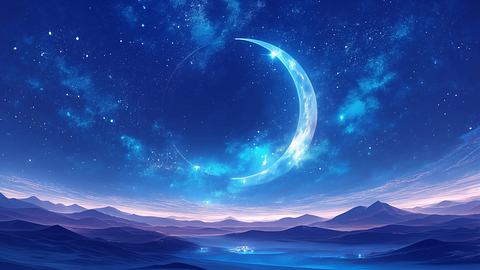 Illustration von einem leuchtend blauen Neumond über einer Berglandschaft - Foto: Imaginary Capture - Generated with AI / AdobeStock