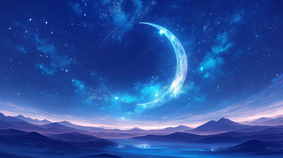 Illustration von einem leuchtend blauen Neumond über einer Berglandschaft