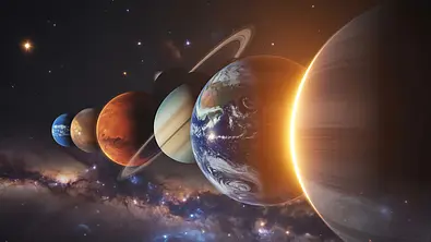 Die Planeten unseres Sonnensystems in einem kosmischen Nebel - Foto: photoshop #11320770/AdobeStock (KI generiert)