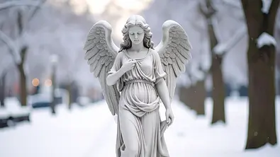 Engelstatue in einem verschneiten Wald - Foto: AdobeFirefly (generiert mit KI)