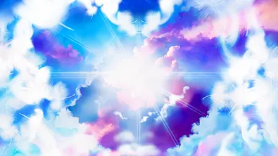 Ein heller Lichtkreis umringt von Federn und blauen und lila Wolken als Symbol für das Engeltarot - Foto: iStock/NORIMA