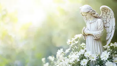 Engelstatue in Frühlingsblumen im Sonnenschein - Foto: savittree / AdobeStock