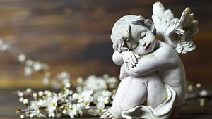 Engelstatue sitzt auf Holz mit weißen Kirschblüten - Foto:  izzzy71 / AdobeStock