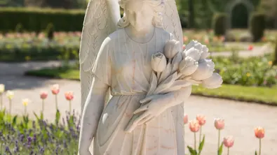 Engelstatue mit einem Strauß Tulpen in der Hand steht in einem sonnigen Garten - Foto: AdobeFirefly (generiert mit KI)