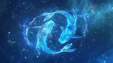 Zwei leuchtende Fische umkreisen sich in einer blauen Galaxie - Foto: chutikan/AdobeStock (KI generiert)