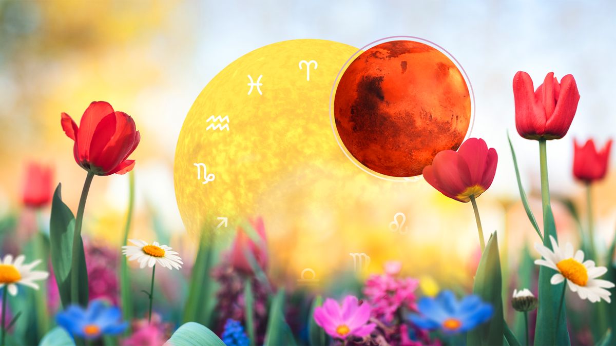 Planeten Sonne und Mars umgeben von Frühlingsblumen