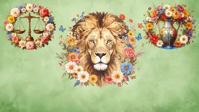 Eine Waage, ein Löwe und ein Wasserkrug (Sternzeichen) von Frühlingsblumen umringt vor einem grünen Hintergrund - Foto: Collage mit AdobeFirefly (generiert mit KI), AdobeStock  (Arlenta Apostrophe) & Astrowoche.de 