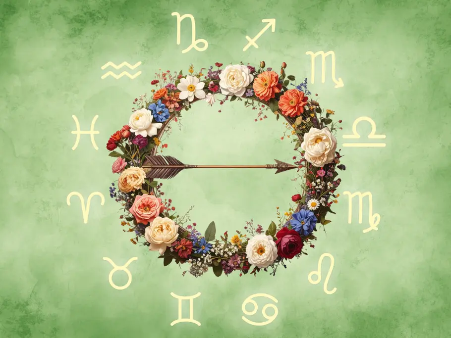 Ein Pfeil (Sternzeichen Schütze) von Frühlingsblumen umringt vor einem grünen Hintergrund