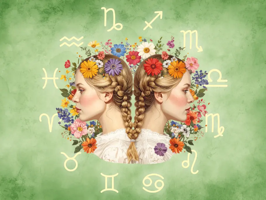 Zwei blonde Zwillinge (Sternzeichen) von Frühlingsblumen umringt vor einem grünen Hintergrund