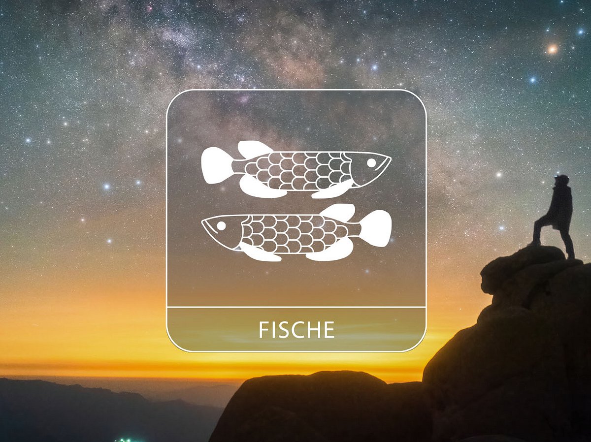 Abbildung vom Sternzeichen Fische vor einem Sonnenaufgang mit Felsen und Bergsteiger.