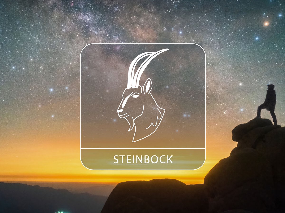 Abbildung vom Sternzeichen Steinbock vor einem Sonnenaufgang mit Felsen und Bergsteiger.