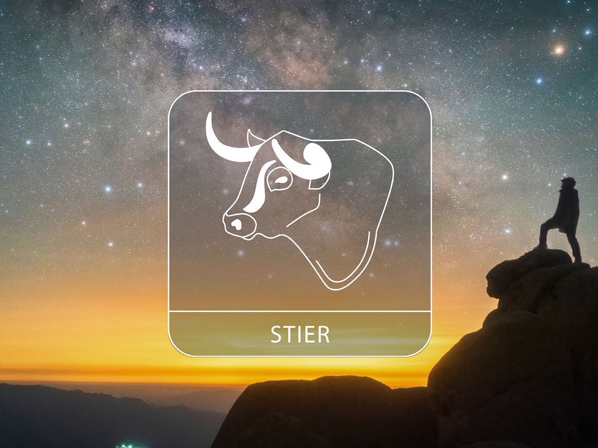 Abbildung vom Sternzeichen Stier vor einem Sonnenaufgang mit Felsen und Bergsteiger.