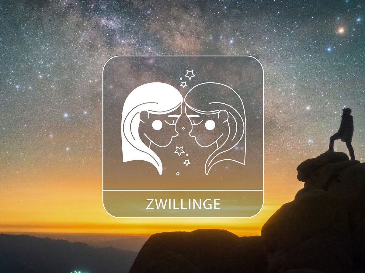 Collage mit bjdlzx / iStock & Astrowoche.de Abbildung vom Sternzeichen Zwillinge vor einem Sonnenaufgang mit Felsen und Bergsteiger.