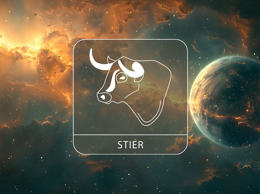 Sternzeichen Stier in einer goldenen Galaxie neben einem dunklen Planeten, der an Merkur erinnert.