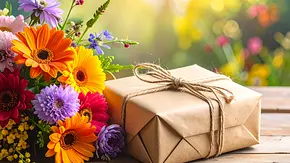 Geschenk mit Blumen auf einem Tisch - Foto: AdobeFirefly (generiert mit KI) Geschenk mit Blumen auf einem Tisch - Foto: AdobeFirefly (generiert mit KI)