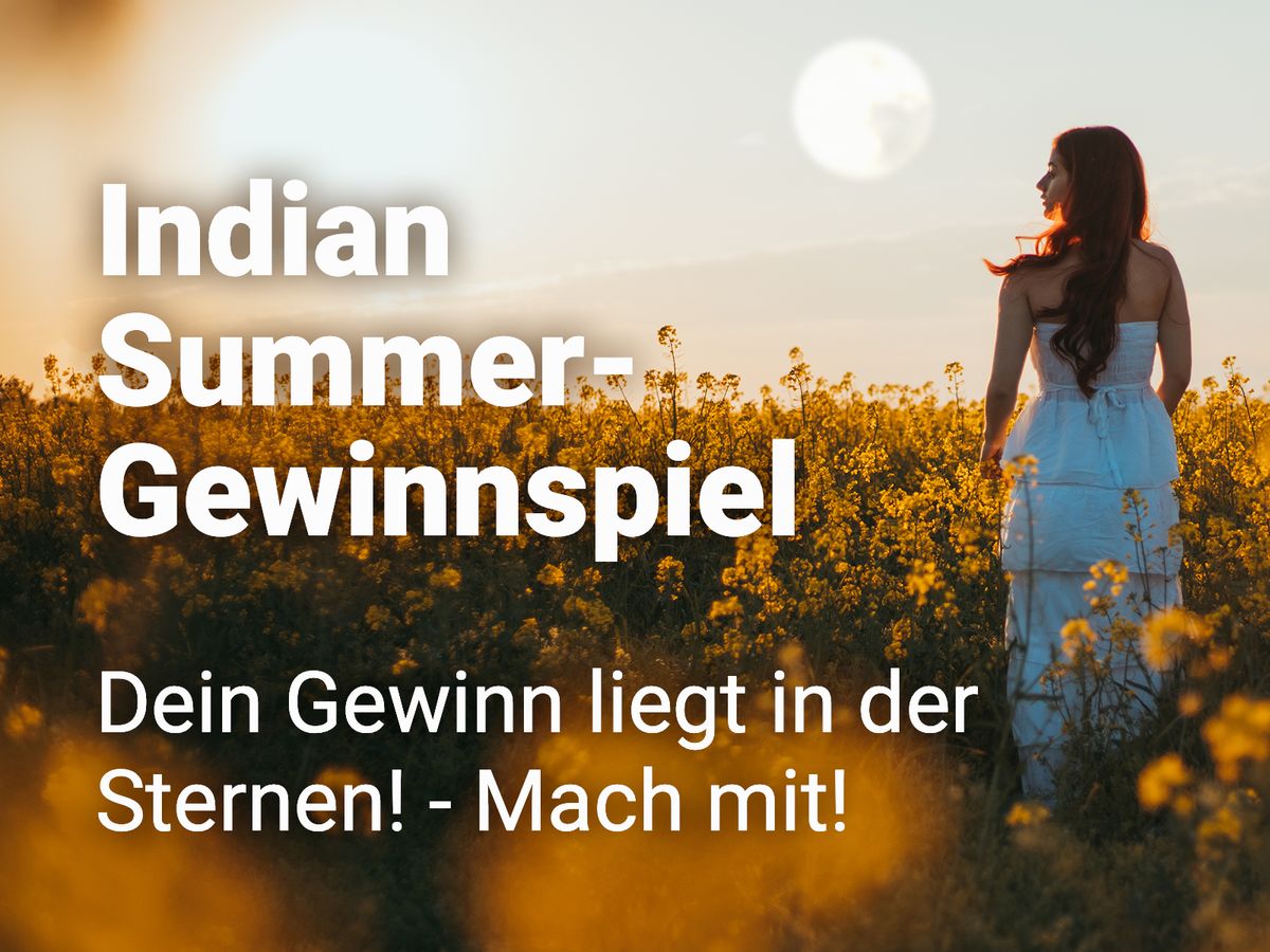 Frau in einem Feld mit gelben Blumen als Titelbild für das Indian Summer Gewinnspiel von Astrowoche