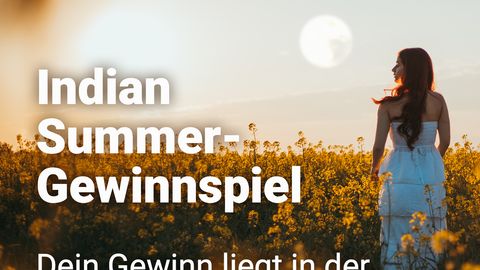 Frau in einem Feld mit gelben Blumen als Titelbild für das Indian Summer Gewinnspiel von Astrowoche - Foto: Astrowoche & iStock (milorad kravic / Dimitris66)