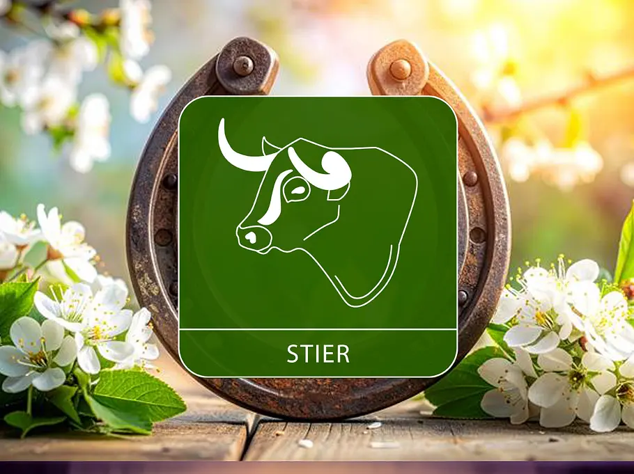 Das Sternzeichen Stier vor einem Hufeisen umgeben von Blumen
