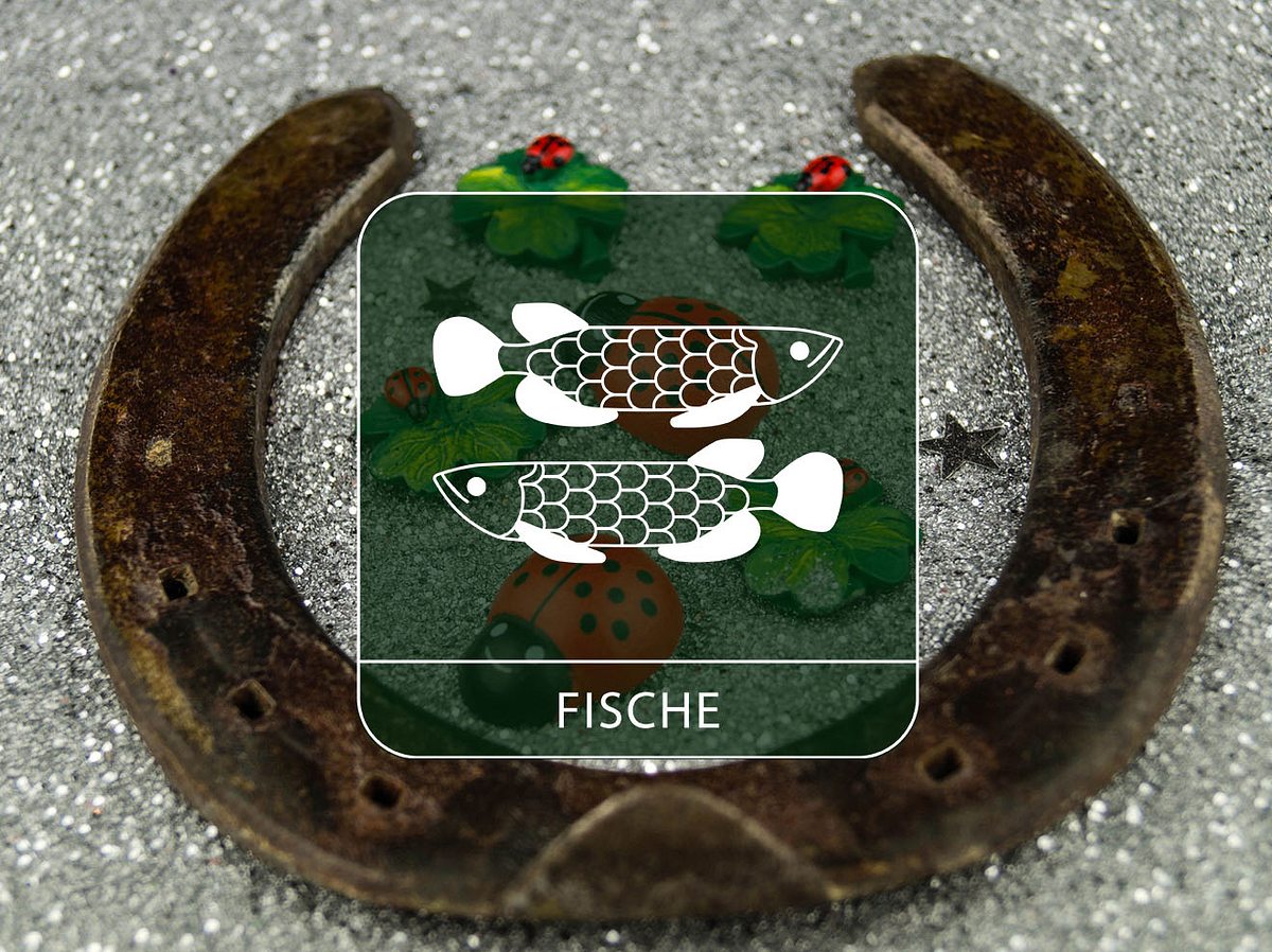 Sternzeichen Fische in einem Hufeisen mit Glücksbringern